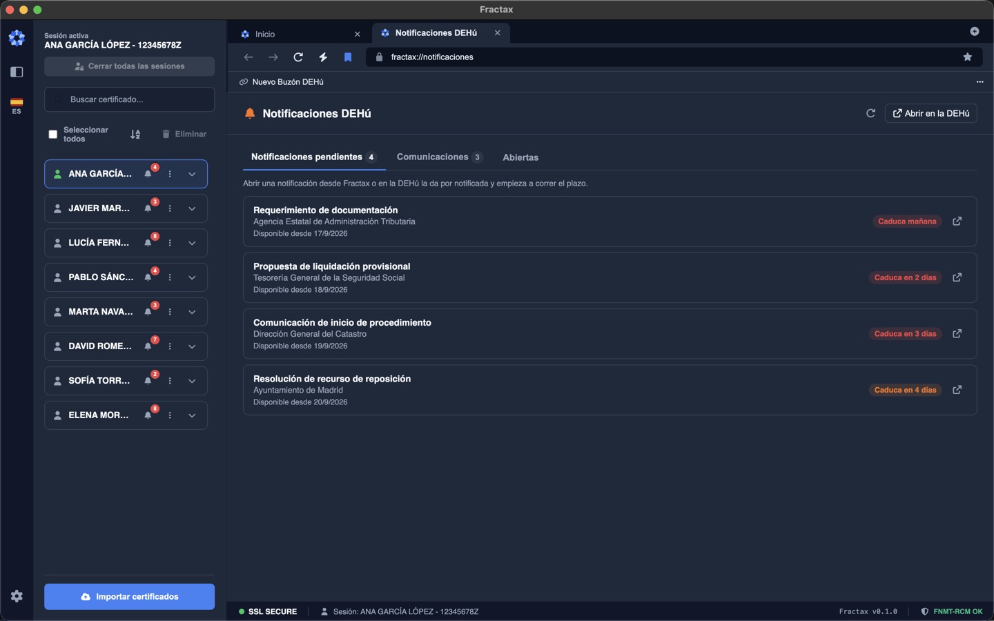 Pestaña de notificaciones y comunicaciones de un certificado, con el plazo de cada notificación